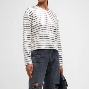 FRAME Long Sleeve Navy and White Striped Sequin Top